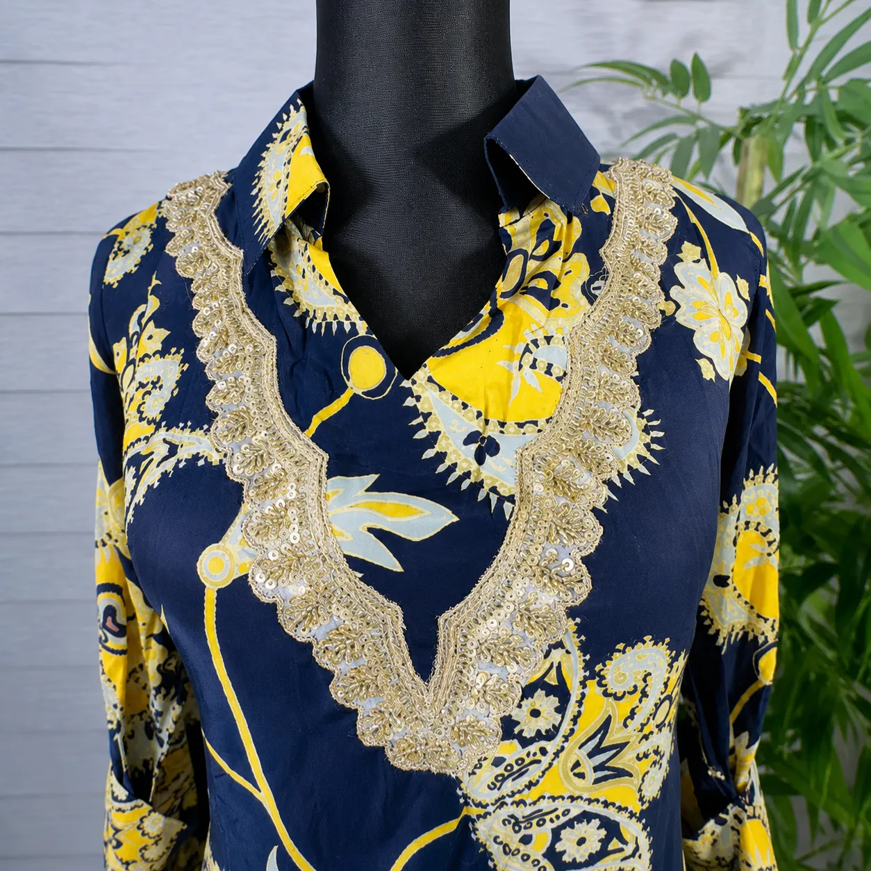 Elegant Floral Navy & Yellow Kurti with Navy Straight Pants